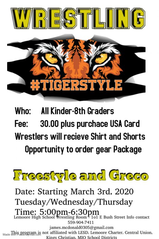 Kindergarten through 8th grade students interested in wrestling sign-ups March 3